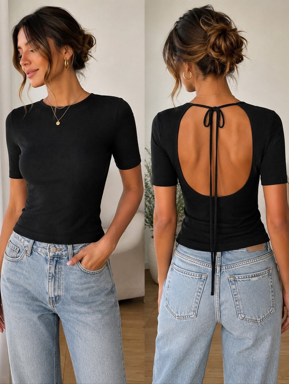 Zara Black Ribbed Open Back Tie Top Short Sleeve Stretch Knit Size L